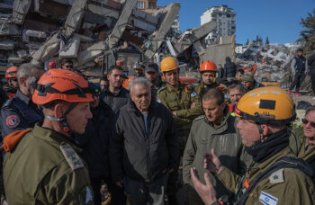Members of United Hatzalah emergency medical services organization and Israeli rescue forces works at the site of a collapsed building after the deadly earthquake in Kahramanmaras, Turkey, on February 9, 2023. Photo by Erik Marmor/Flash90