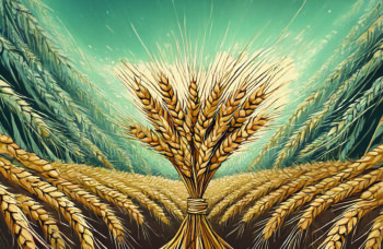 Sheaves of wheats bowing to one sheave of wheat. Generated by Adobe Firefly/Photoshop