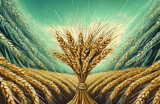 Sheaves of wheats bowing to one sheave of wheat. Generated by Adobe Firefly/Photoshop