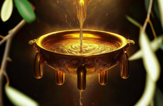 An illustration of the golden oil in the bowl as described by Zechariah 4 (Adobe Firefly)