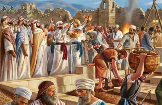 Illustration of Zerubabbel laying the cornerstone for the Second Temple. (Photo: Word Press)