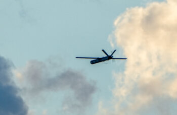 A drone fired from Lebanon into Israel flies over the Israeli border with Lebanon on September 15, 2024. (Photo: Ayal Margolin/Flash90)