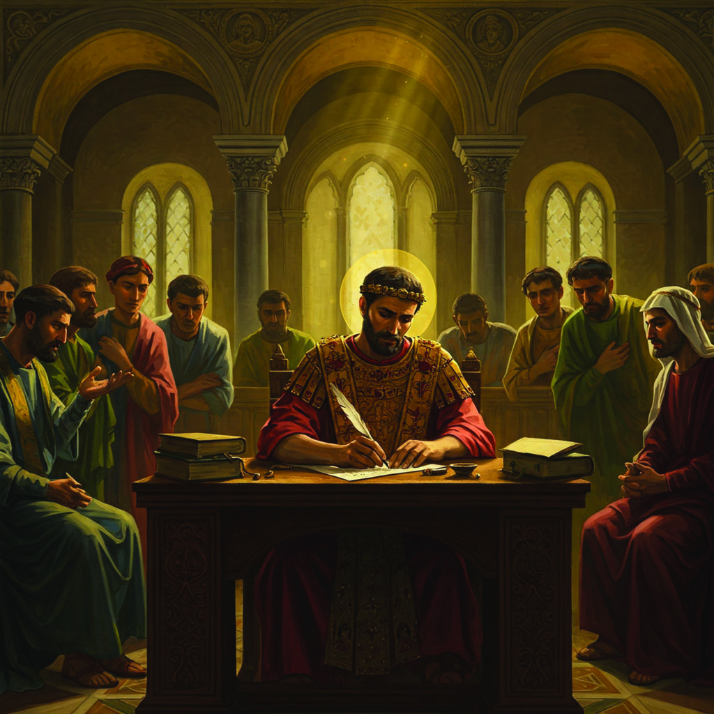 Illustration of Constantine writing letters to the church voicing his concerns. (AI Generated image)