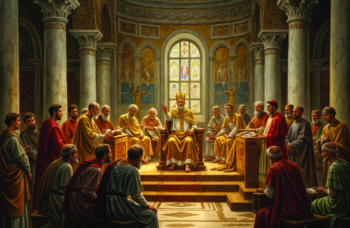 An illustration of the Council of Nicaea in 325 AD meet to discuss Christendom. (AI Generated image)